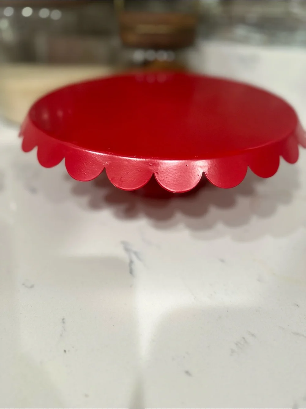 Red Scalloped Metal Pedestal Cake Stand- 10in